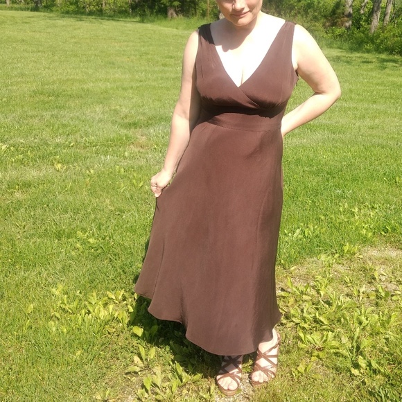 J. Crew Sophia Silk Dress Brown V Neck Midi A-Line - Picture 5 of 8